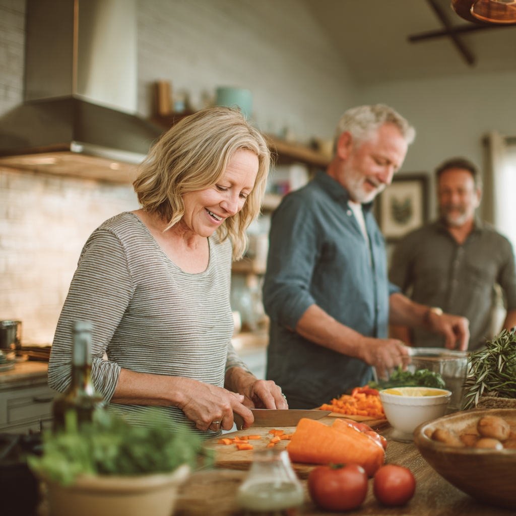 Middle-aged adults preparing healthy meals in a calm kitchen environment