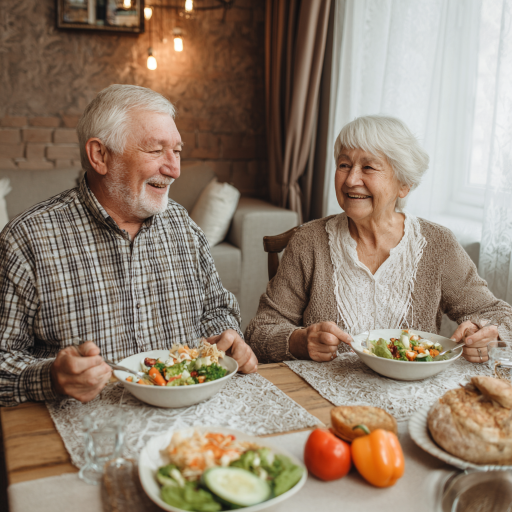Older adults enjoying nutritious meals in a comfortable home setting